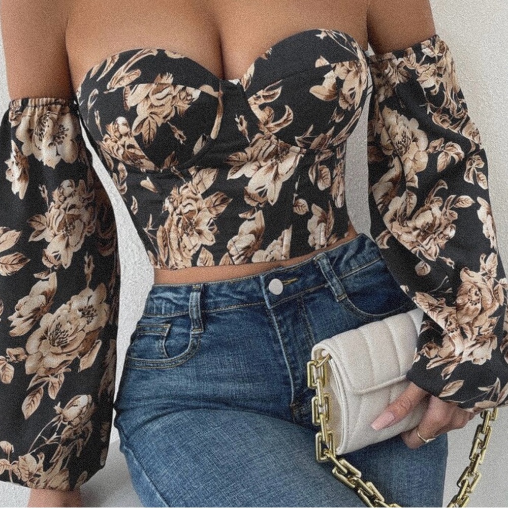 Floral Off-Shoulder Black Top